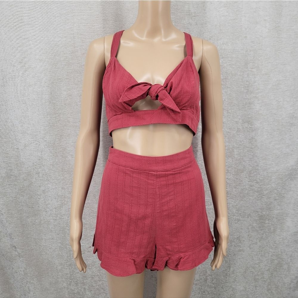 Cotton Red Two-Piece Knotted Tie Front Crop Top and Shorts Matching Set